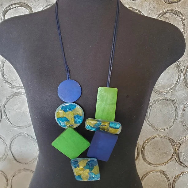 Round with Rectangle and Squares Navy and Green Necklace