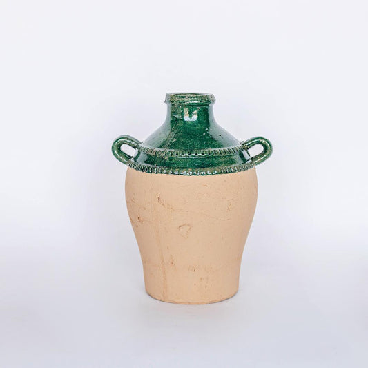 Tall Terracotta and Green Vase with Handles