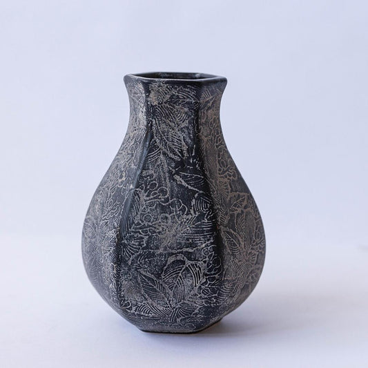 Etched Black Floral Vase