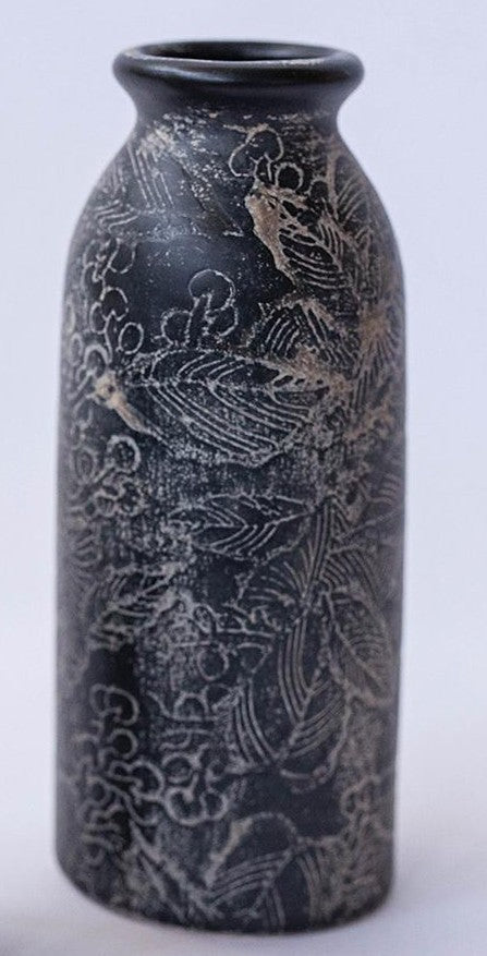 Black Vase with Floral Design - Large