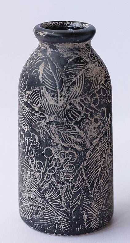 Black Vase with Floral Design -Small