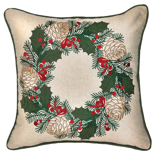 Pine and Holly Wreath Cushion 18"