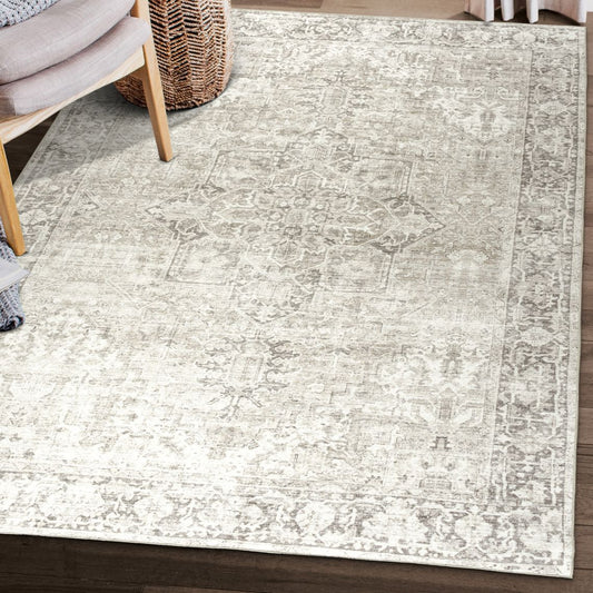 Lyle Vintage Distressed Traditional Realife Washable Rugs - Beige Ivory