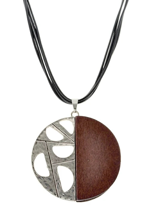 Brown Circle Wood and Metal Necklace