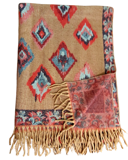 Blanket Scarf - Tan with Red and Blue