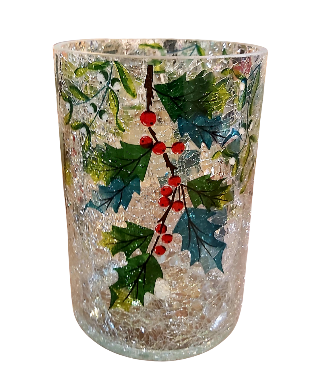 Crackle Glass Hurricane with Holly and Berries (Assorted Sizes)