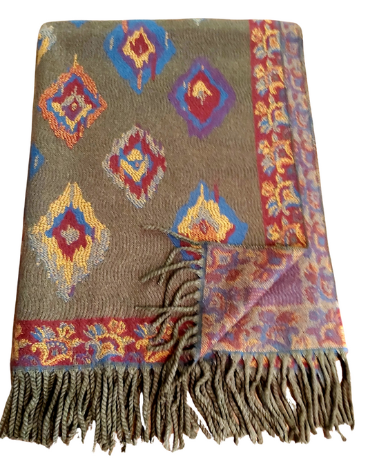 Blanket Scarf - Green With Burgundy and Mustard