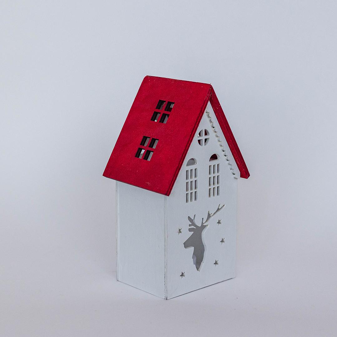 White with Red Wooden House with Tea Light