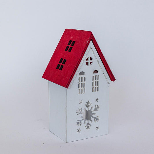 White with Red Wooden House with Tea Light - Snowflake