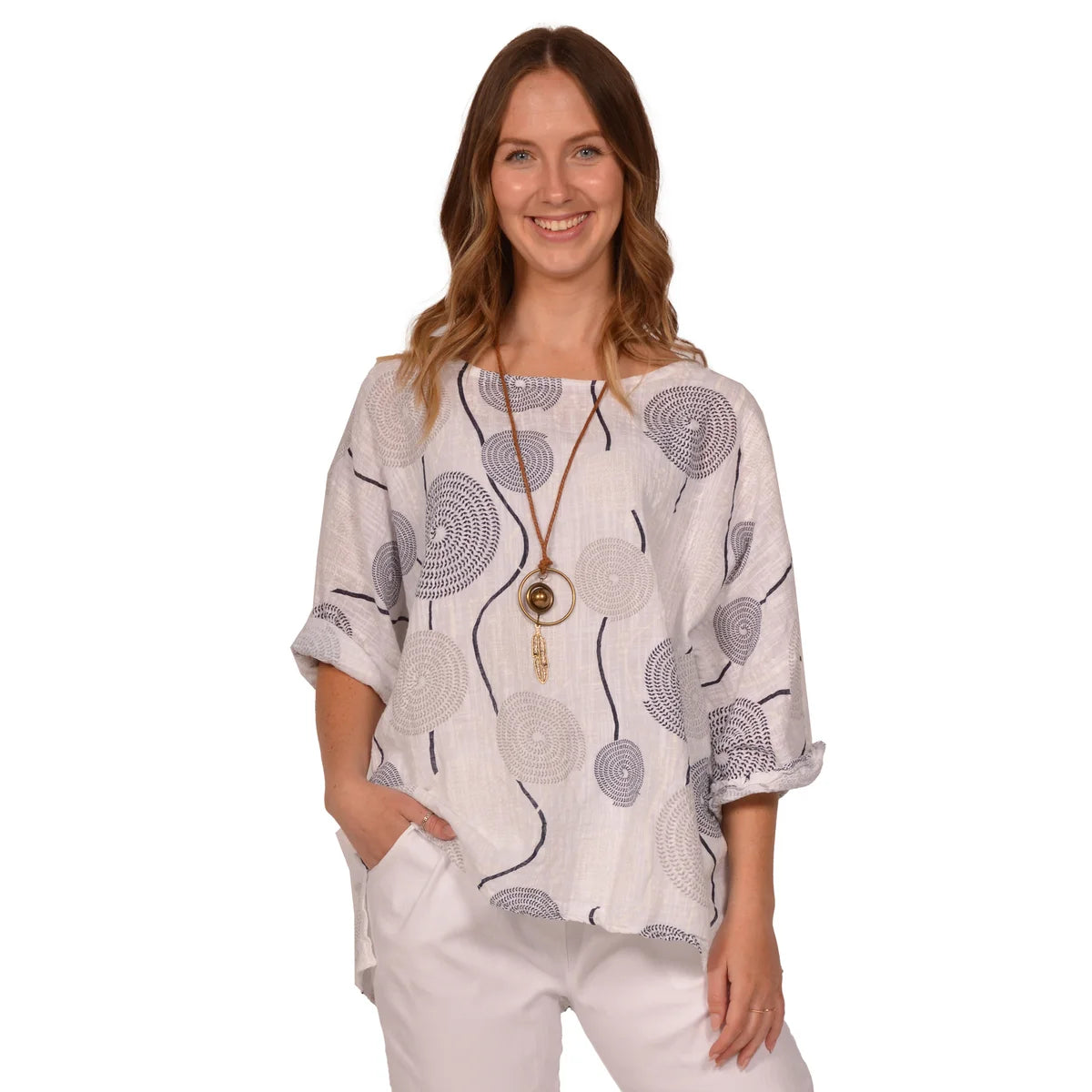 White Circle Print Top