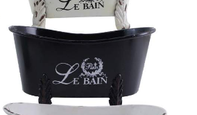 Small ornamental Black Claw foot Bathtub with Le Bain on it
