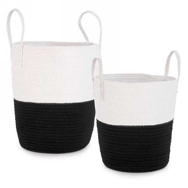 tall white and black basket with white handles