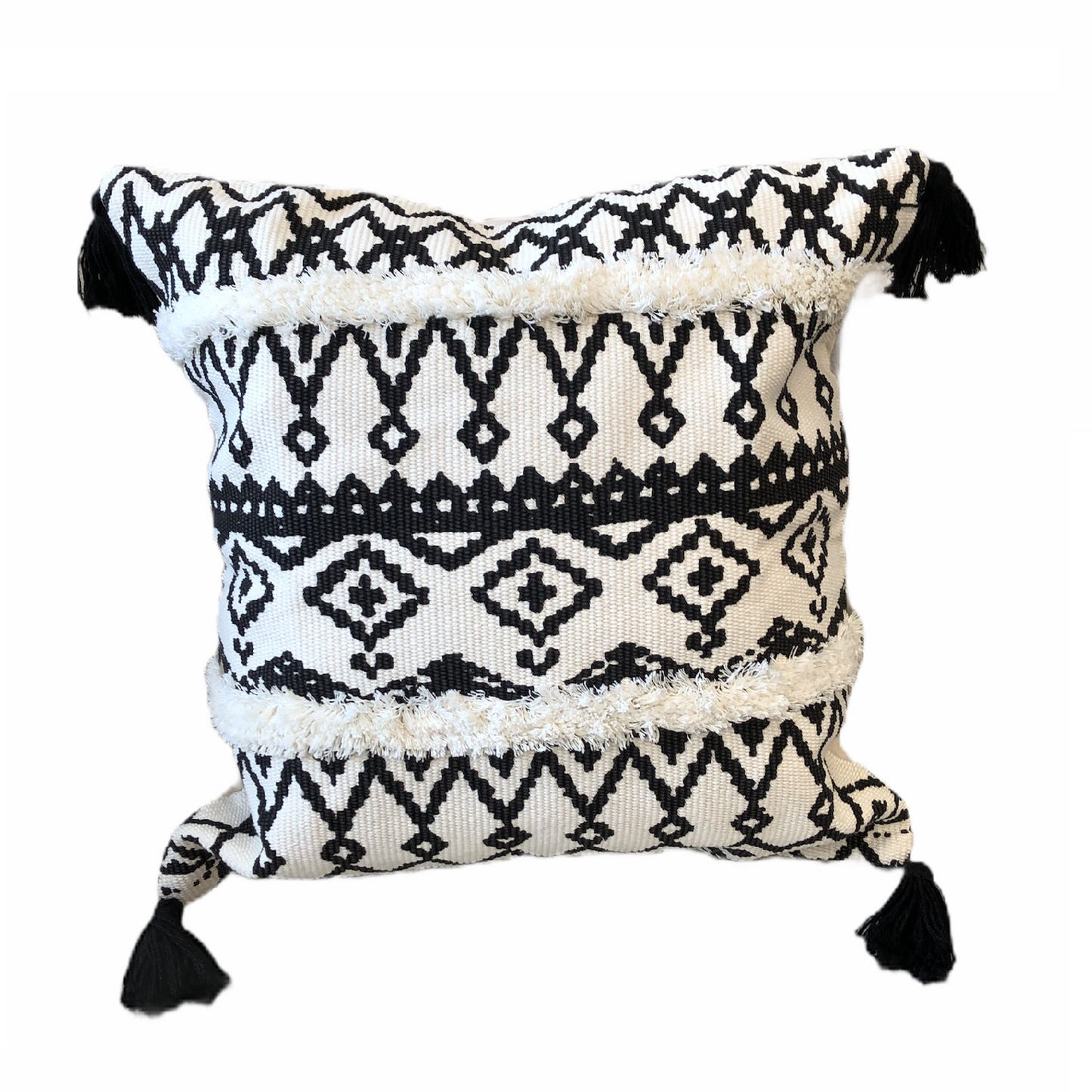 Black and White square cushion with black tassels and black pattern