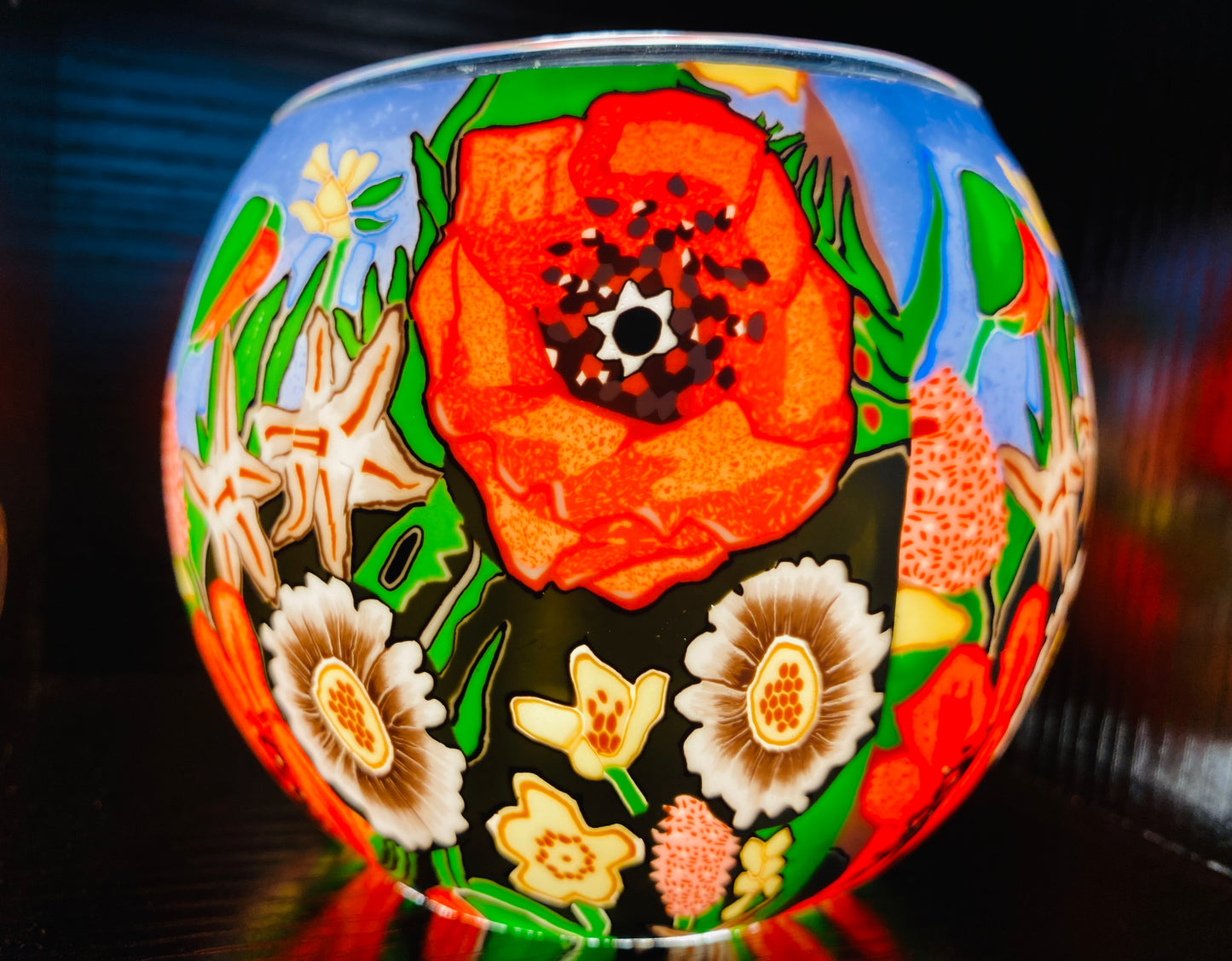 Glass Tea Light Holder - Poppy Garden