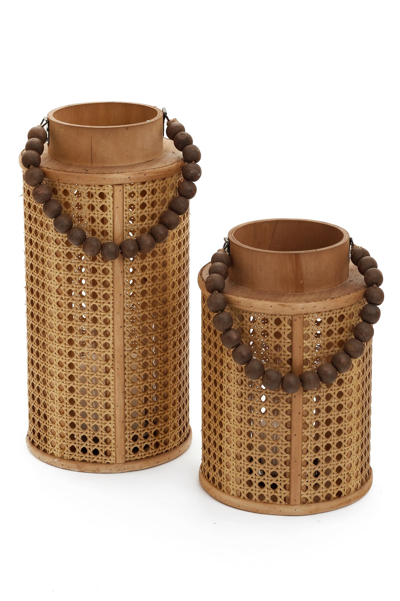 Rattan & Wood Lantern with Beaded Handle