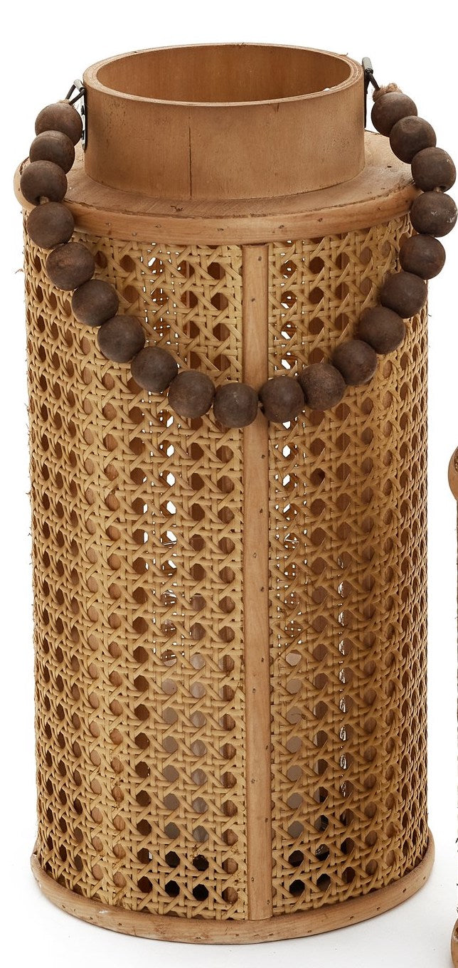 Rattan & Wood Lantern with Beaded Handle