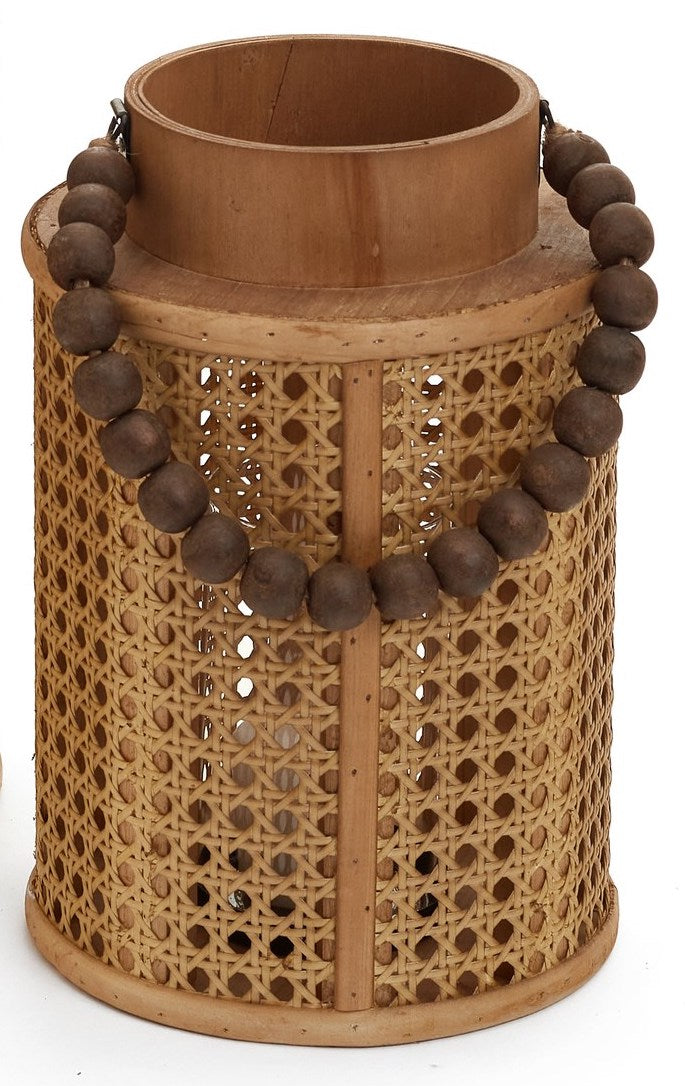 Rattan & Wood Lantern with Beaded Handle