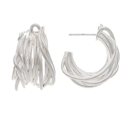Rain - Silver Abstract Wired Post Hoop Earring
