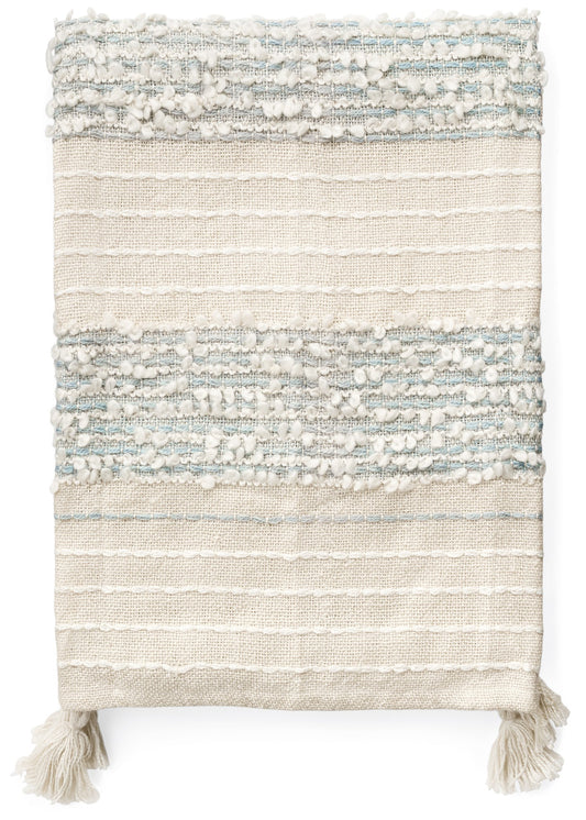 Natural and Blue Stripes Cotton Tassel Throw