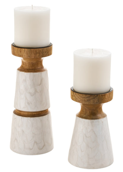 Ecru Scalloped Enamel on Natural Wood Candle Holder - Joshua & Company