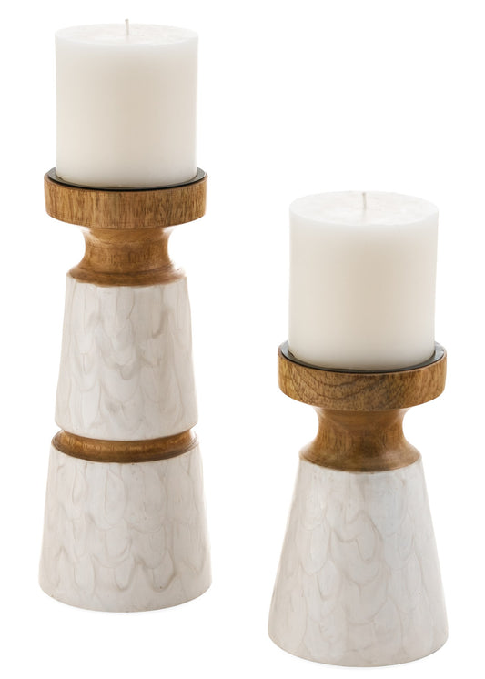 Ecru Scalloped Enamel on Natural Wood Candle Holder - Joshua & Company