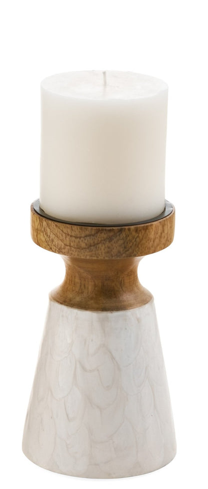 Ecru Scalloped Enamel on Natural Wood Candle Holder - Joshua & Company