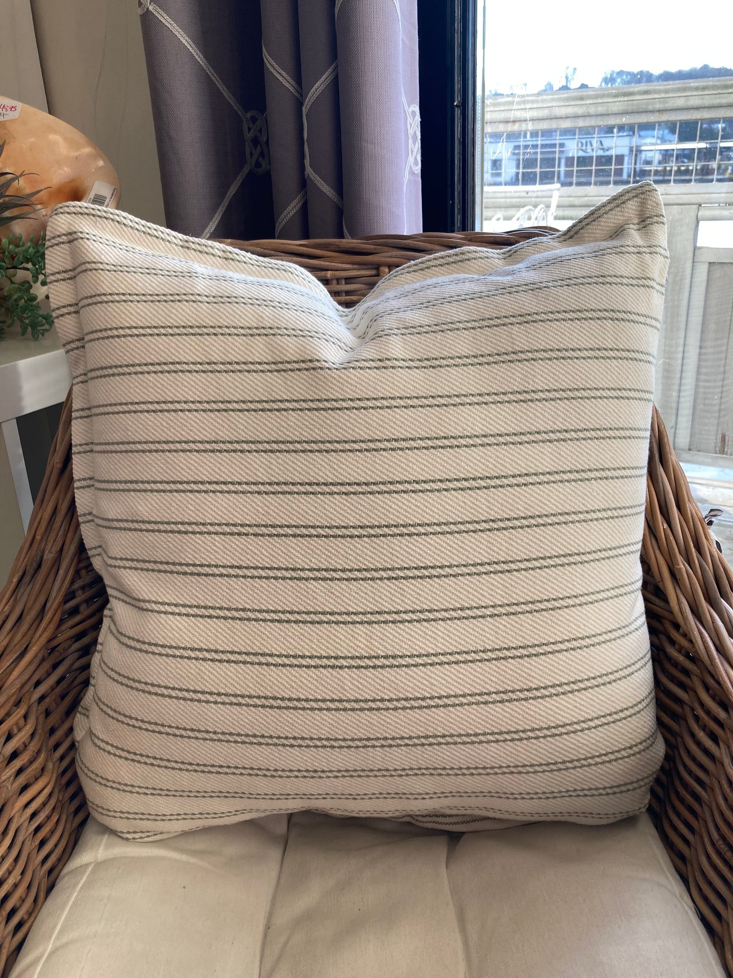 Cream Cushion with Green Stripes 20"