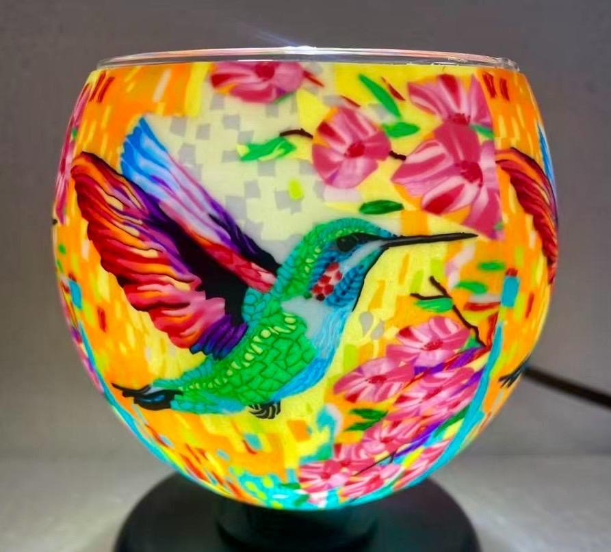Glass Tealight Holder - Colourful Hummingbird