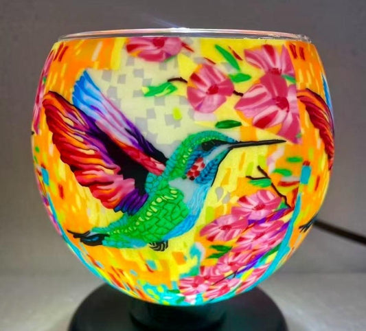 Glass Tealight Holder - Colourful Hummingbird