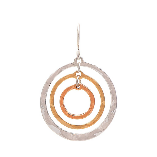 Rain - Hammered Copper, Gold and Silver Spinning Circles French Wire Earring