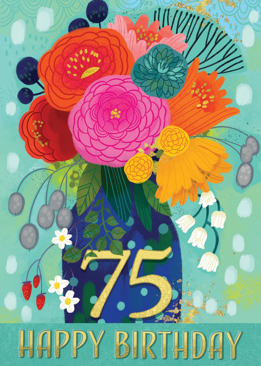 75th Birthday Card - Floral Vase