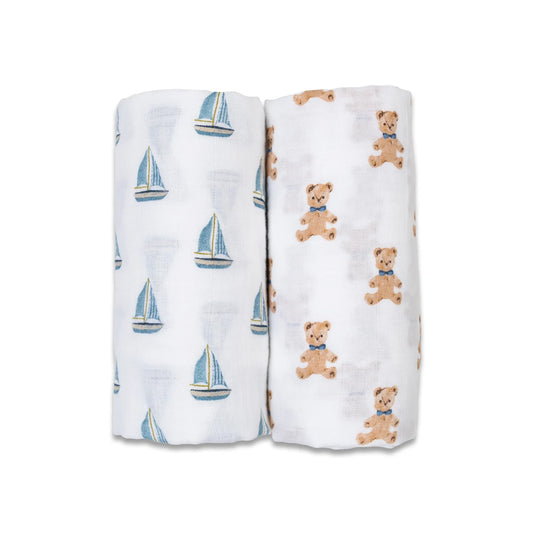 Lulujo Vintage Bear and Sailboat Swaddling Blankets