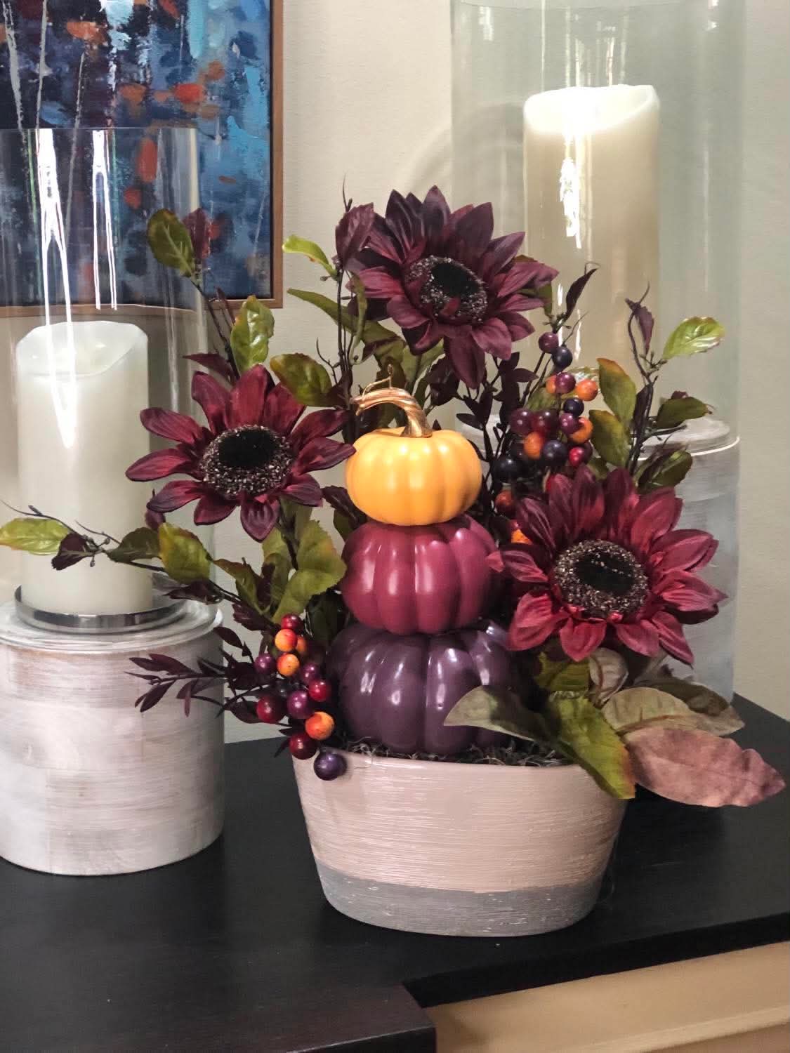 Three Pumpkin Floral Arrangement in Grey Pot *Store Pick Up Only