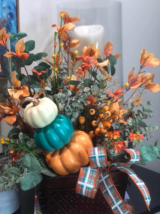 Three Pumpkin Floral Arrangement in Brown Tin *Store Pick Up Only