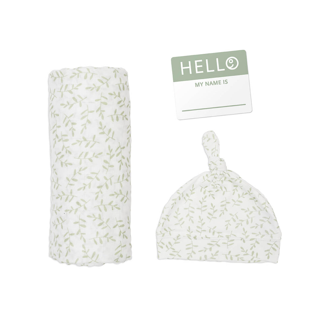 Lulujo Hello World Blanket and Knotted Hat Set - Greenery