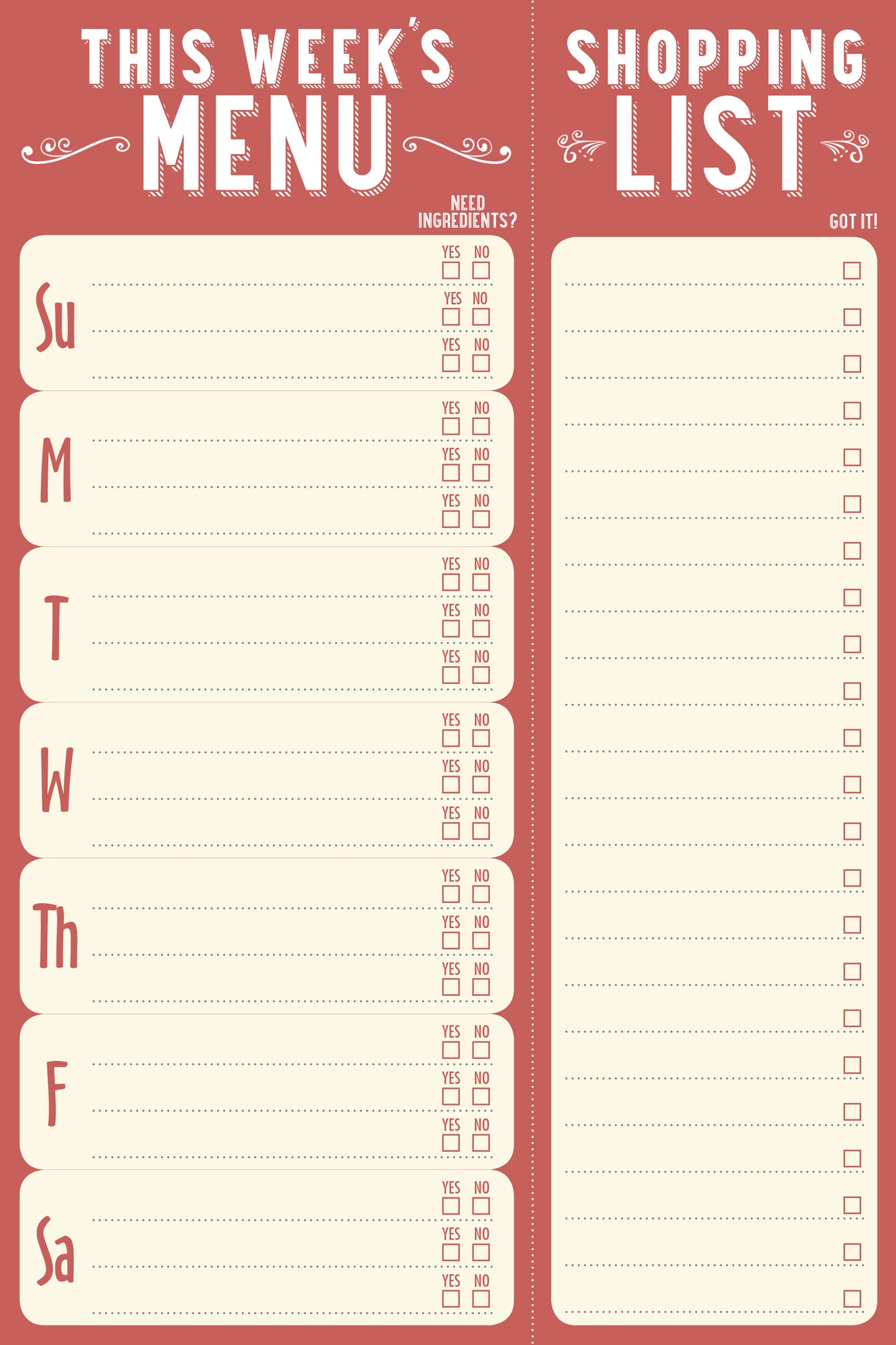 This Weeks Menu Notepad - Joshua & Company