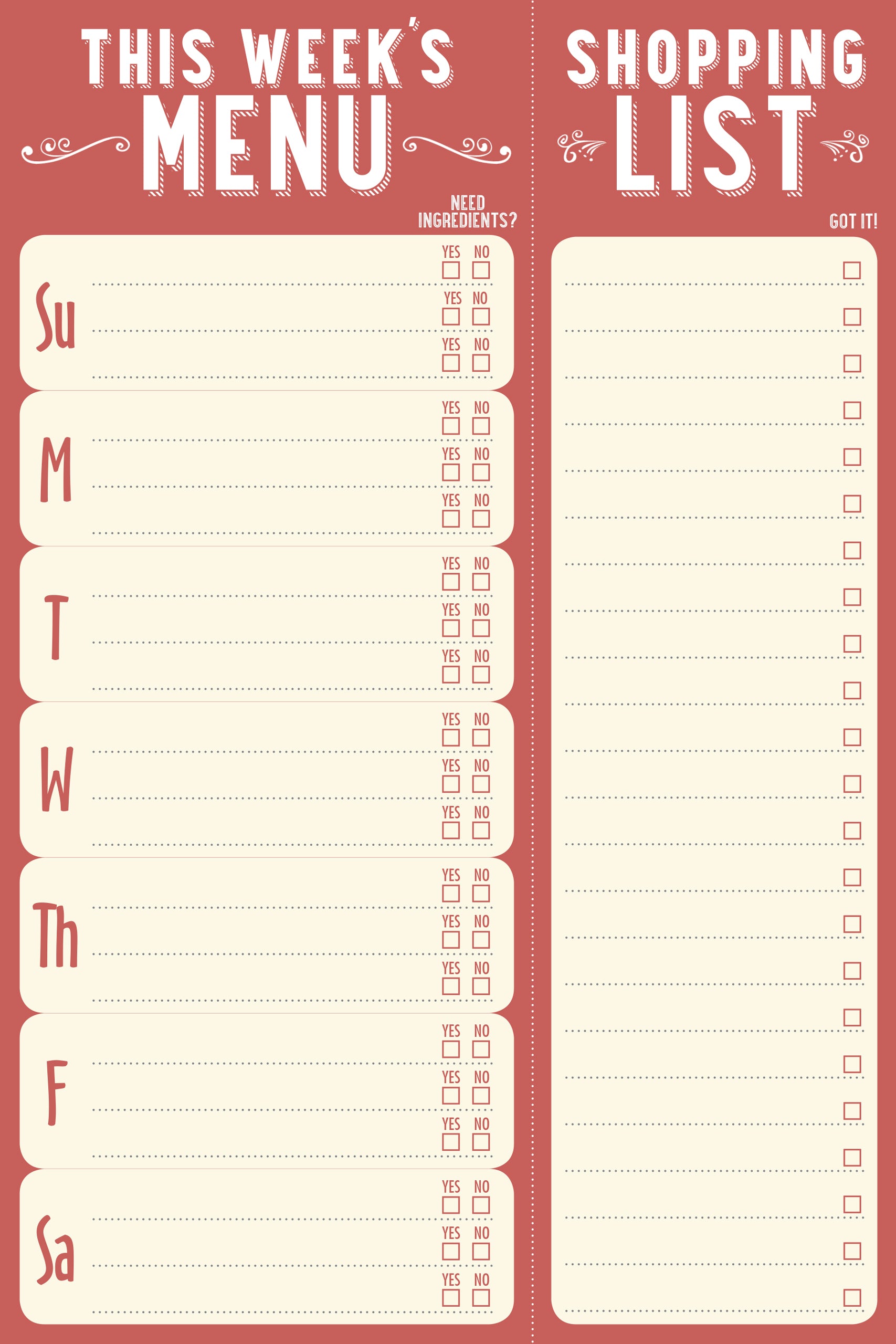 This Weeks Menu Notepad - Joshua & Company