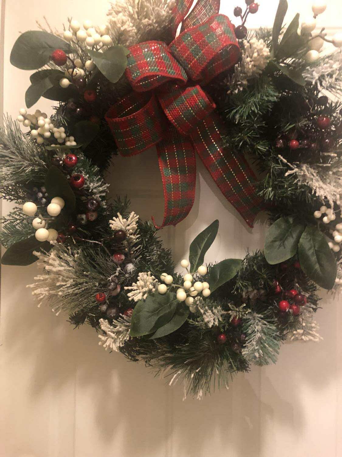 Wreath with Red and White Berries and Plaid Ribbon**Pick Up Only **