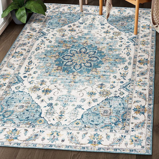 Ike Distressed Vintage Medallion Realife Washable Rugs -Ivory Blue