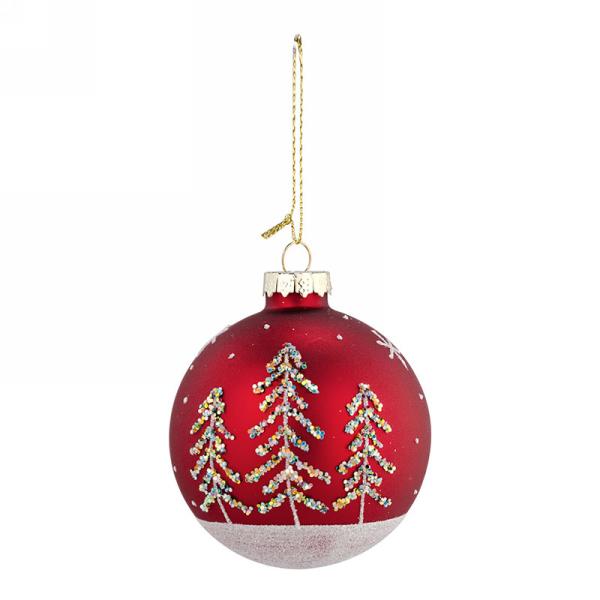 Red metal ball with tree ornament