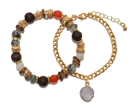 Semi-Precious Crystal Wood Chain Bracelet