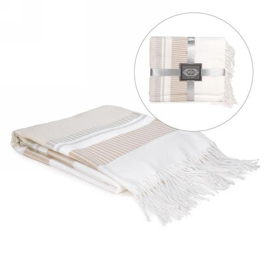 Beige and White Throw with Fringe