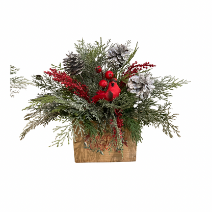 Holiday Arrangement with Cardinal in Wooden Box *Store Pick Up Only
