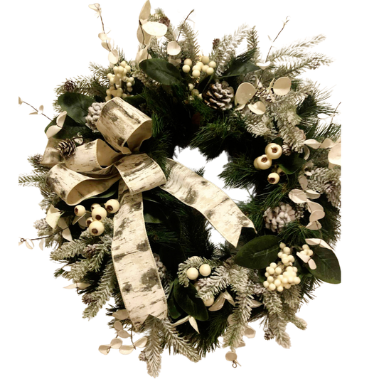 Wreath with White Berries and Birch Ribbon *Pick Up Only *