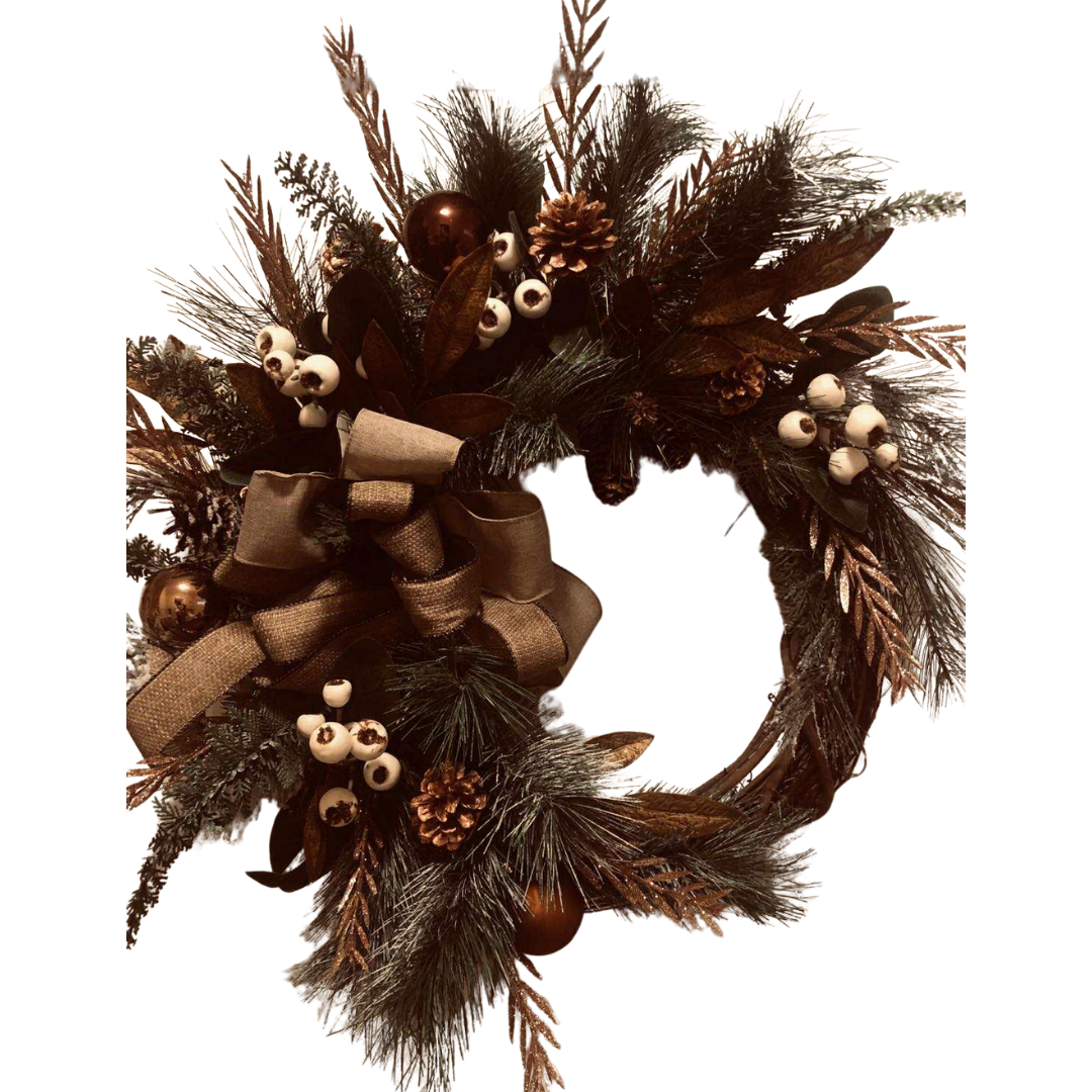 Wreath with Frosted Pinecones, Copper Balls & Canvas Ribbon  **Pick Up Only **