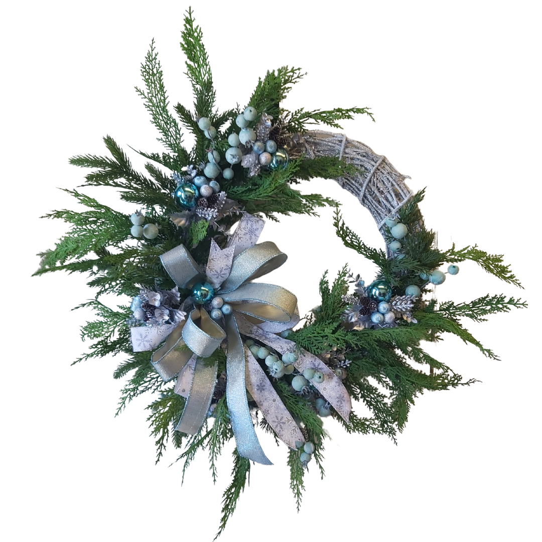 Wreath with Turquoise Berries & Ornaments, and Silver Snowflake Ribbon  **Pick Up Only **