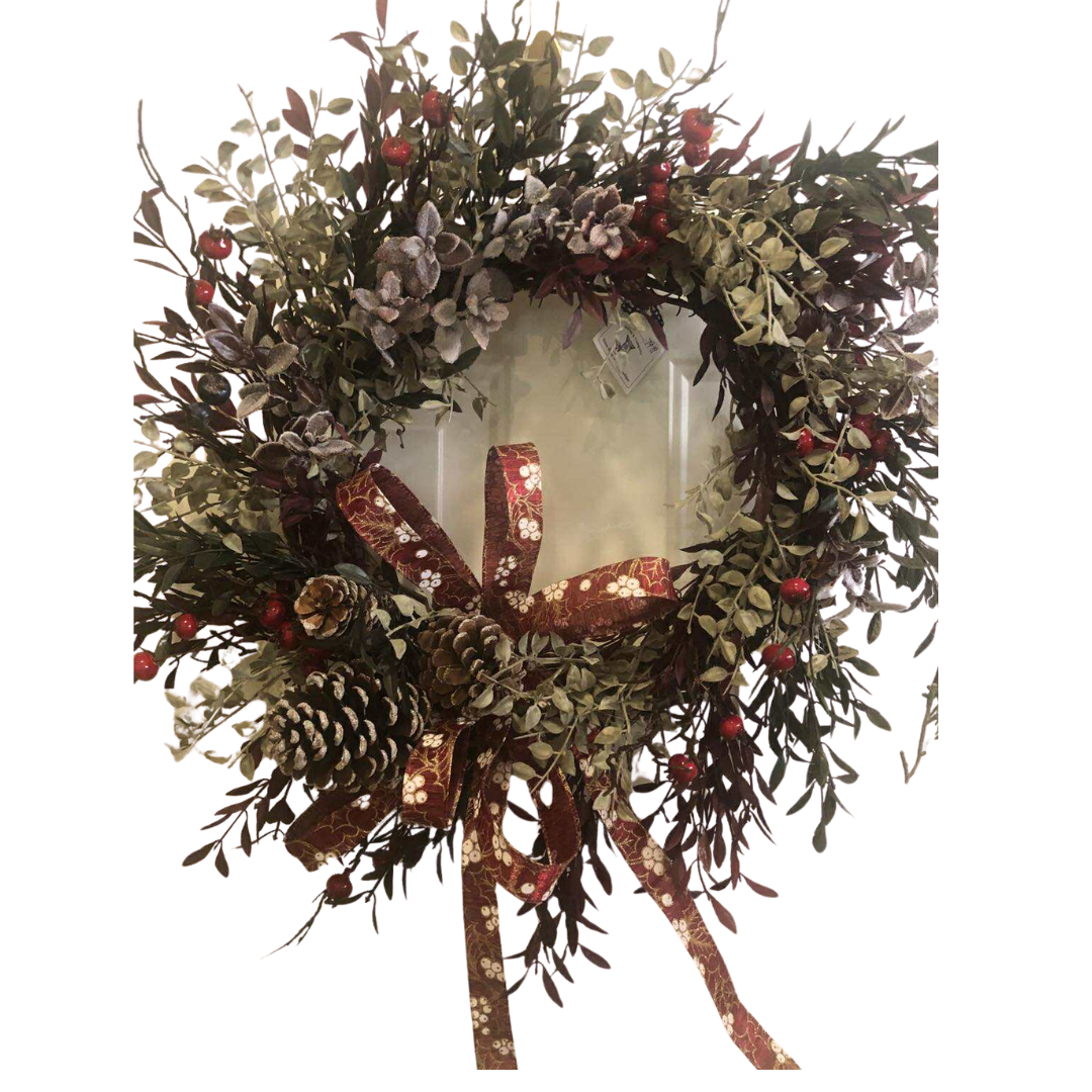 Wreath with Red Berries, Frosted Pinecone and Red & Gold Ribbon  **Pick Up Only **