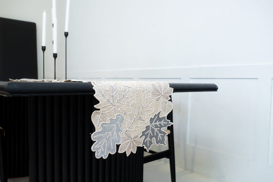 Silver Grey Leaf Embroidered  Runner