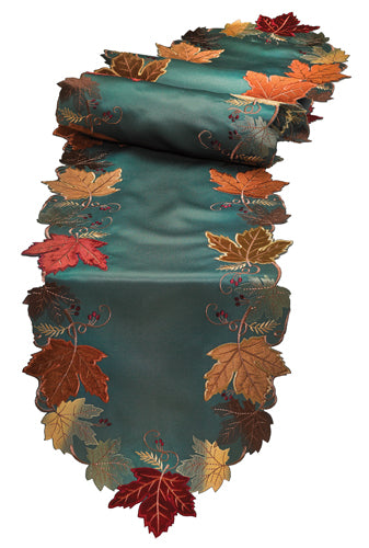 Green Autumn Leaf Embroidered  Runner
