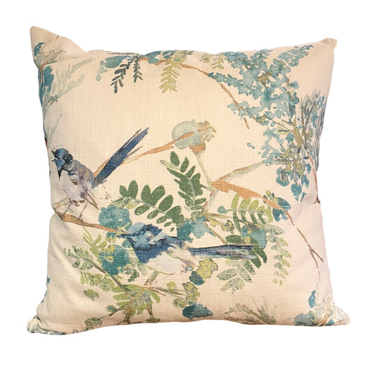 Cream and Aqua Blue Bird Cushion 18"